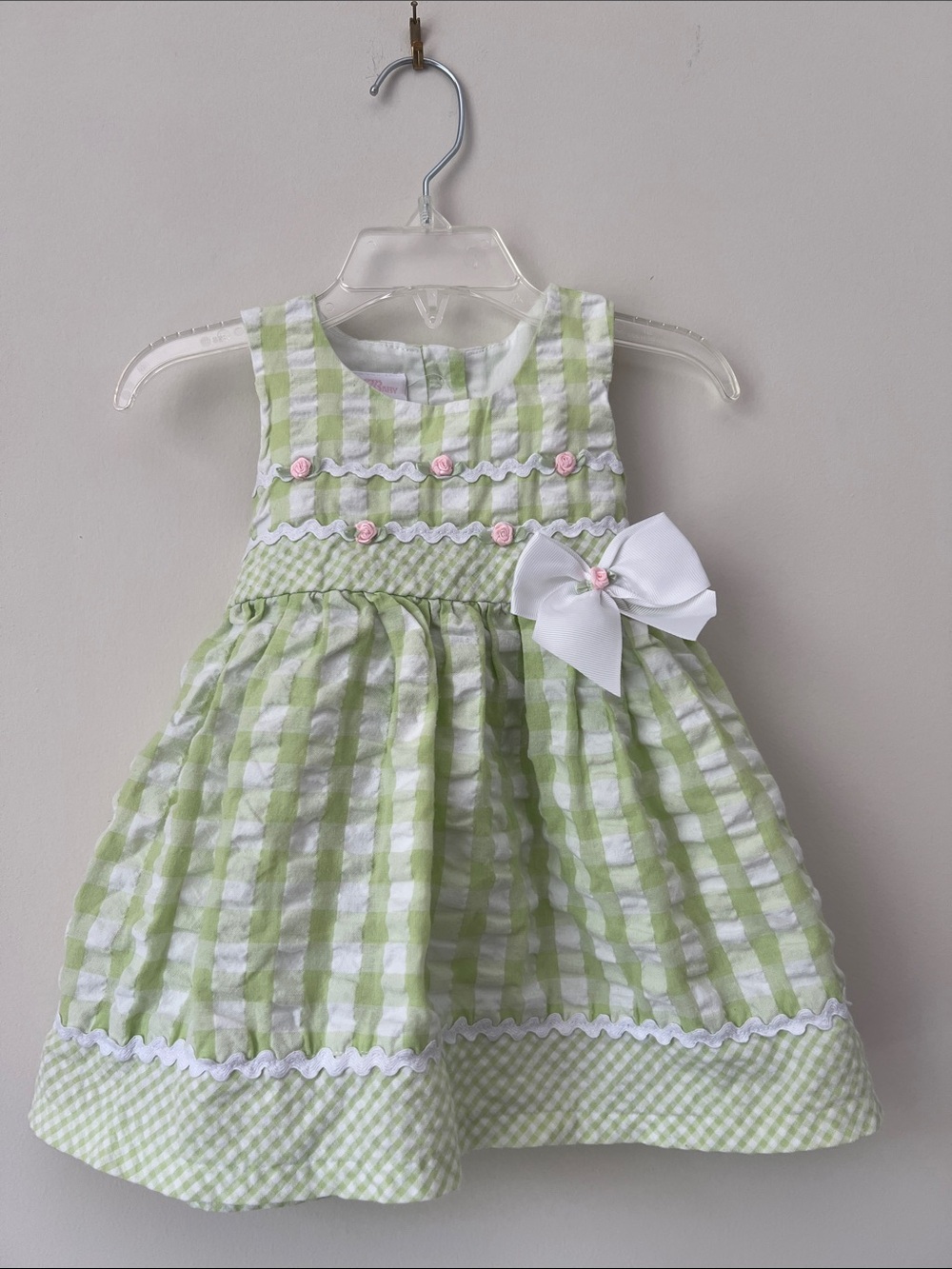Bonnie Baby Light Green Gingham Dress with White Bow